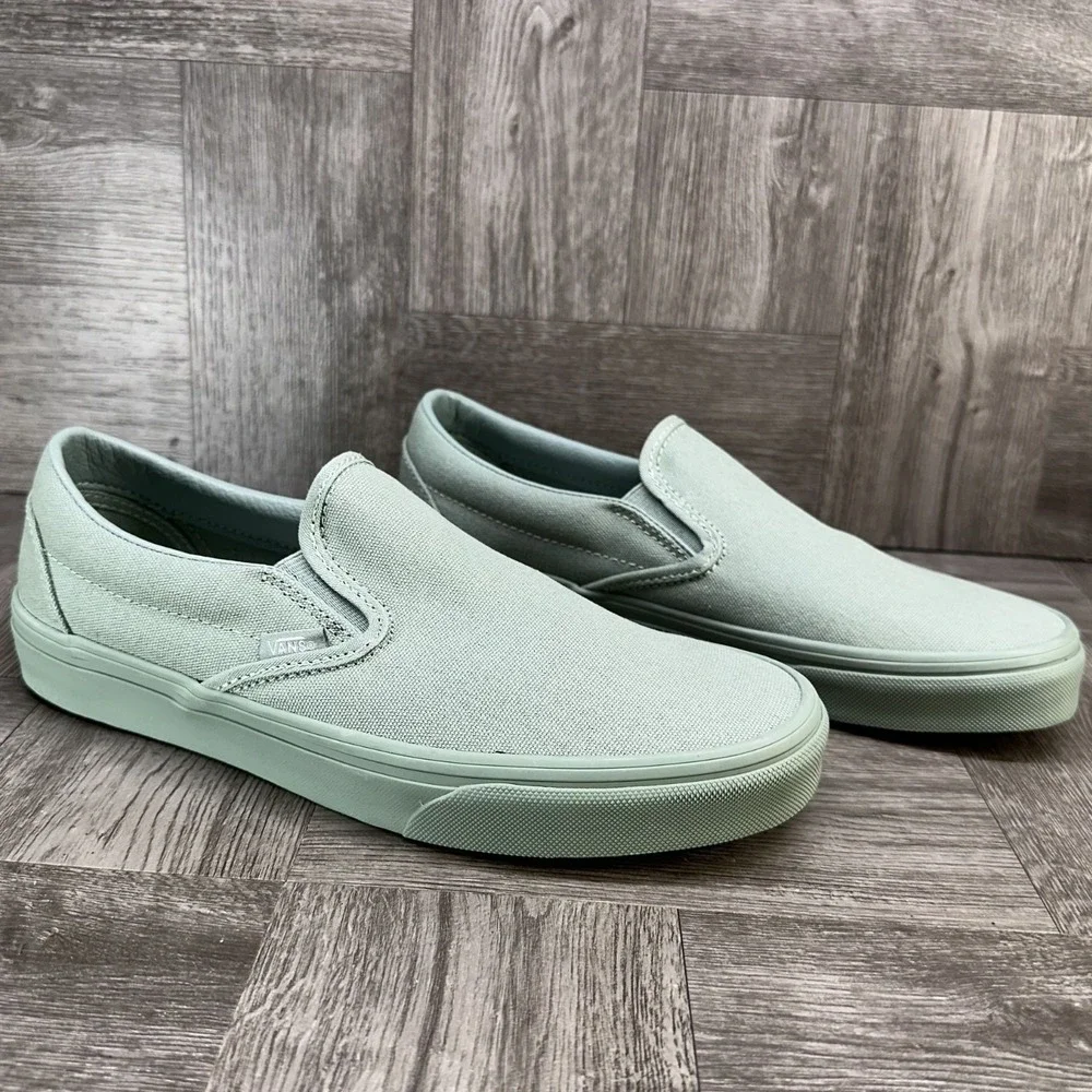 Vans Classic Slip-On Women 6.5‎ Sage Green Canvas Monochromatic Skate Shoes NEW